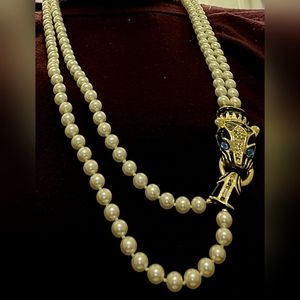 RARE Vintage Park Lane Panther white double strand faux pearl necklace